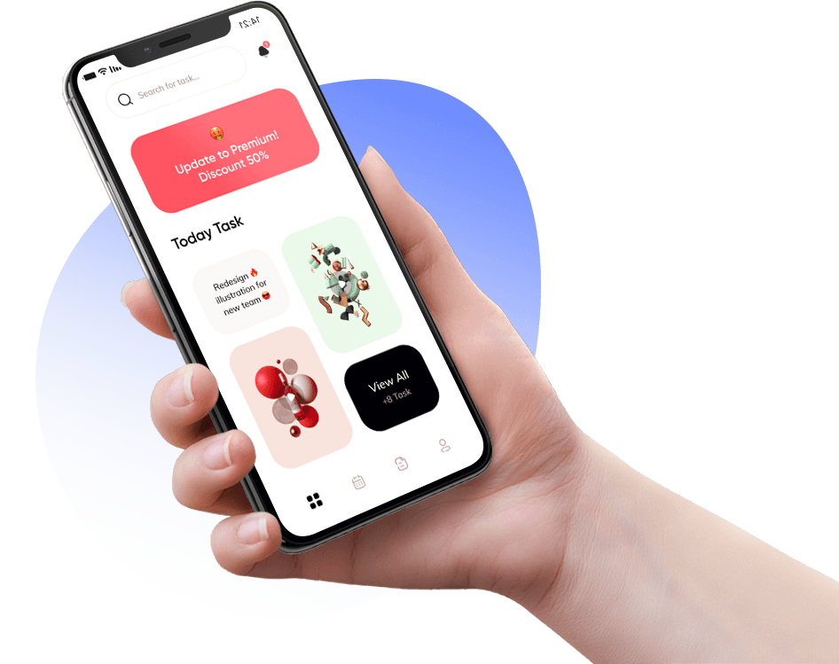 A hand holds a phone showing the application